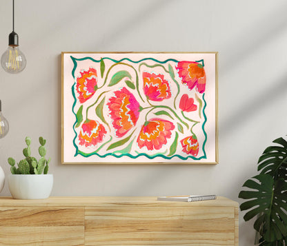 Pink Horizontal Floral Wall Art – Boho Over Bed Decor, Bright Flower Print for Living Room or Bedroom, Dopamine Home Decor