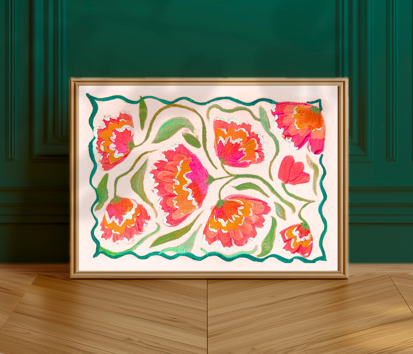 Pink Horizontal Floral Wall Art – Boho Over Bed Decor, Bright Flower Print for Living Room or Bedroom, Dopamine Home Decor