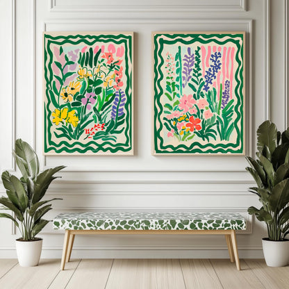 Green Botanical Wall Art Set of 2 – Floral Prints Living Room Boho Colorful Two Print Set