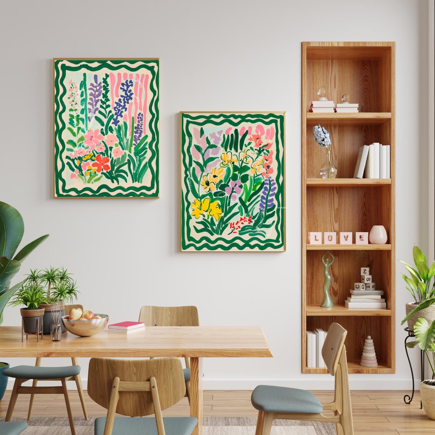 Green Botanical Wall Art Set of 2 – Floral Prints Living Room Boho Colorful Two Print Set