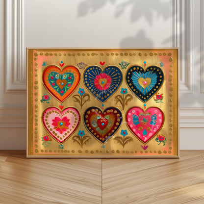 Folk Art Heart Wall Print – Horizontal Artwork For Over The Bed Landscape Boho Gold Print