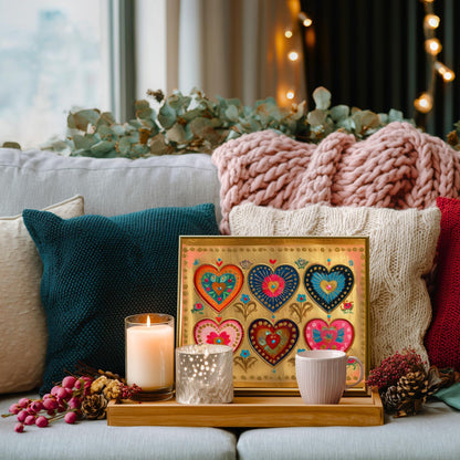 Folk Art Heart Wall Print – Horizontal Artwork For Over The Bed Landscape Boho Gold Print
