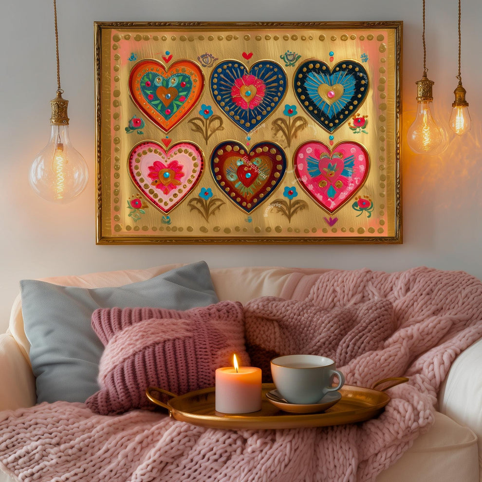 Folk Art Heart Wall Print – Horizontal Artwork For Over The Bed Landscape Boho Gold Print