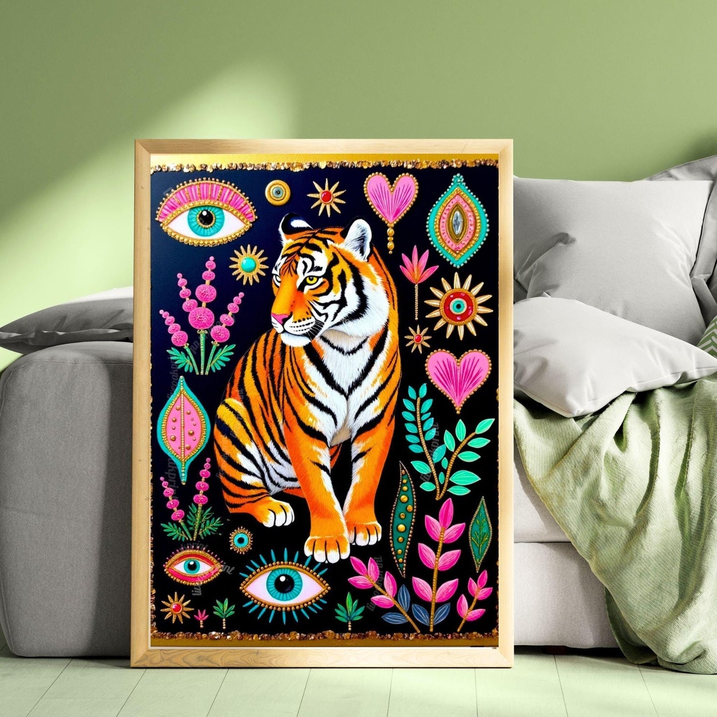Mystical Tiger Art Print - Pink and Green Maximalist Surreal Wall Art