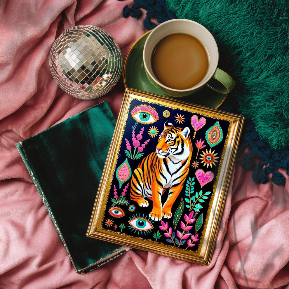 Mystical Tiger Art Print - Pink and Green Maximalist Surreal Wall Art