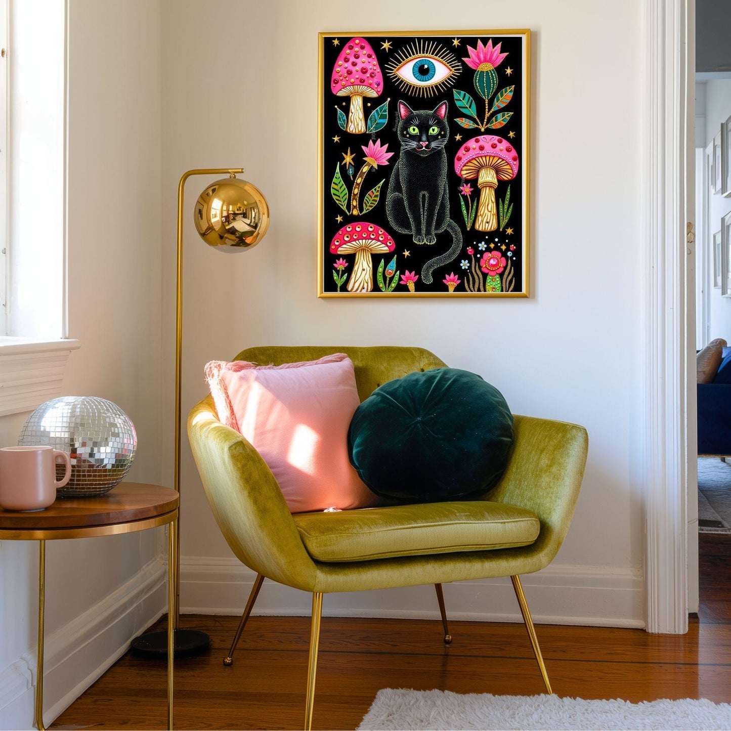 Mushroom Cat Art Print - Surreal Maximalist Decor For Bedroom or Boho Living Room