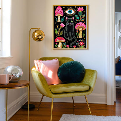Mushroom Cat Art Print - Surreal Maximalist Decor For Bedroom or Boho Living Room