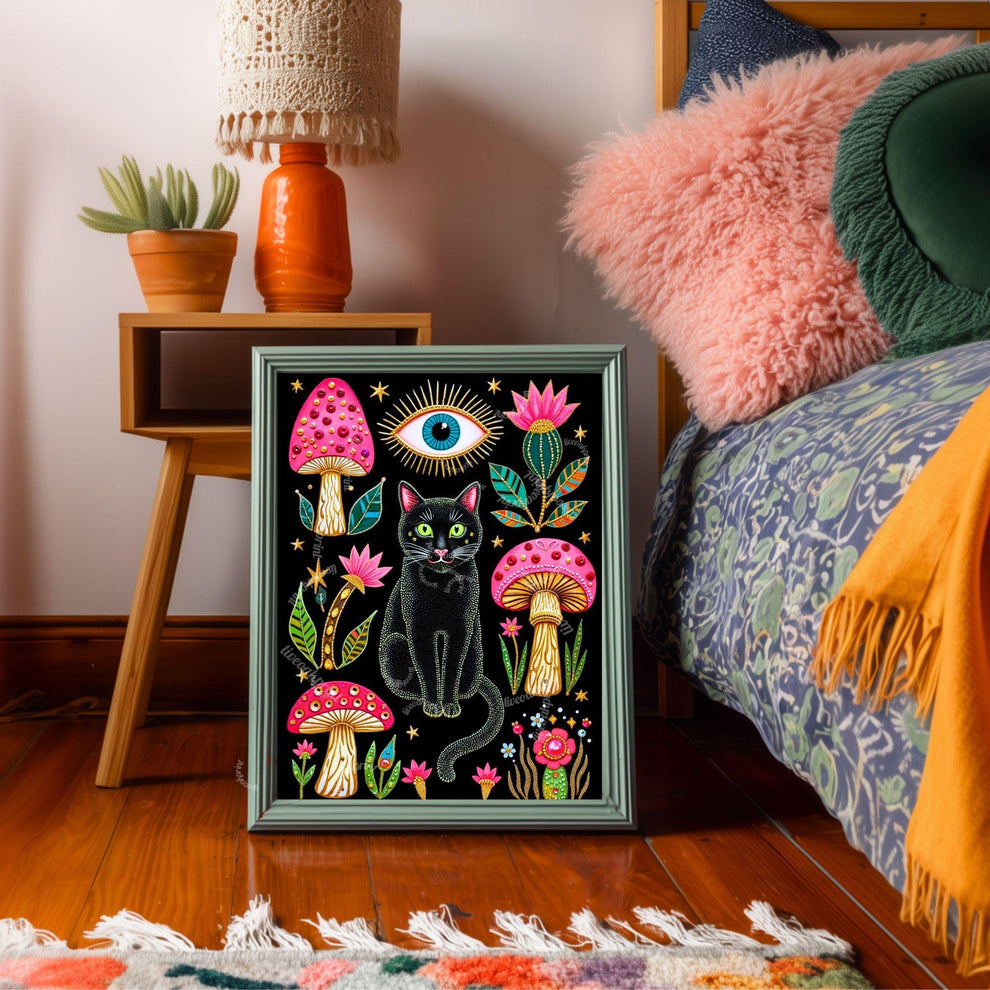 Mushroom Cat Art Print - Surreal Maximalist Decor For Bedroom or Boho Living Room