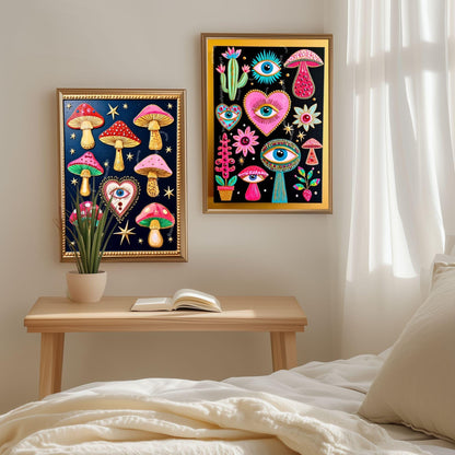 Enchanted Mushrooms Wall Art - Surreal Maximalist Decor For Bedroom or Boho Living Room