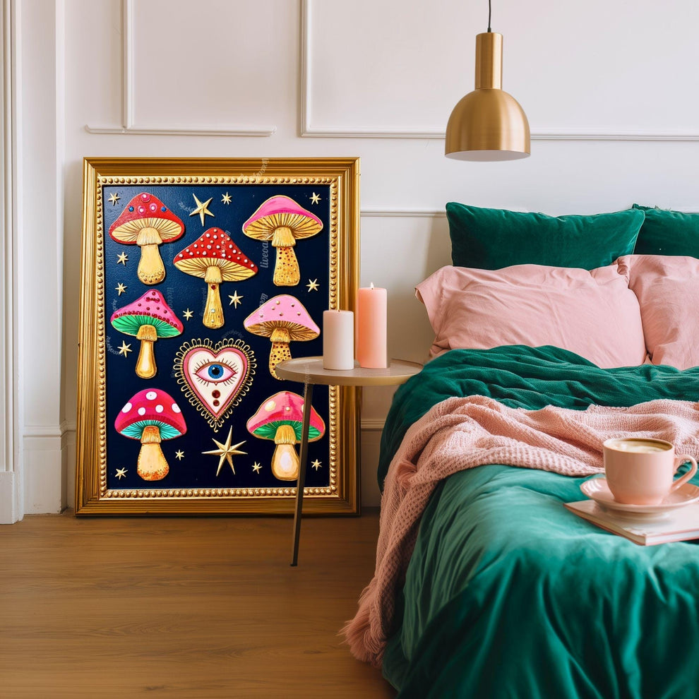 Enchanted Mushrooms Wall Art - Surreal Maximalist Decor For Bedroom or Boho Living Room