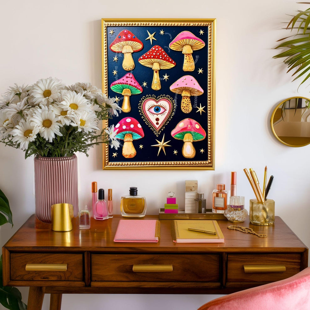 Enchanted Mushrooms Wall Art - Surreal Maximalist Decor For Bedroom or Boho Living Room