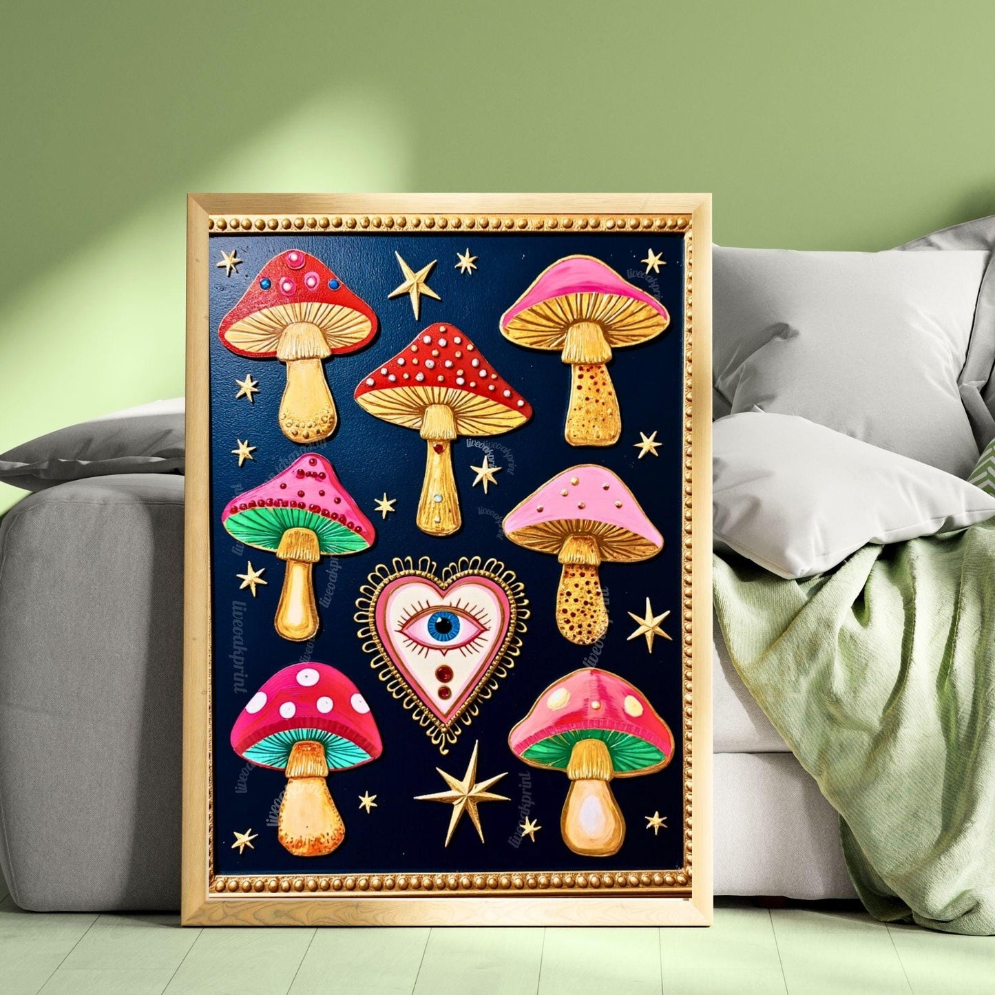Enchanted Mushrooms Wall Art - Surreal Maximalist Decor For Bedroom or Boho Living Room