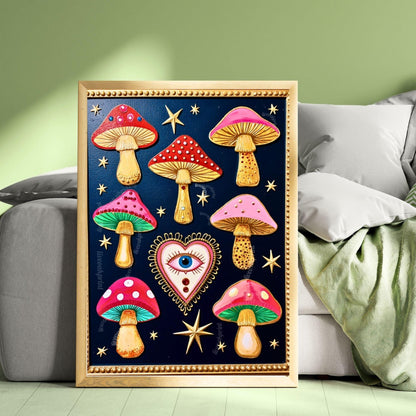 Enchanted Mushrooms Wall Art - Surreal Maximalist Decor For Bedroom or Boho Living Room