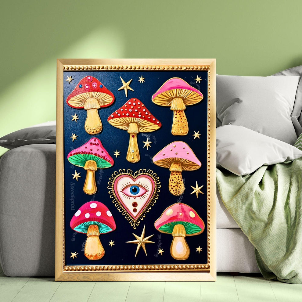Enchanted Mushrooms Wall Art - Surreal Maximalist Decor For Bedroom or Boho Living Room
