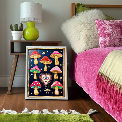 Enchanted Mushrooms Wall Art - Surreal Maximalist Decor For Bedroom or Boho Living Room