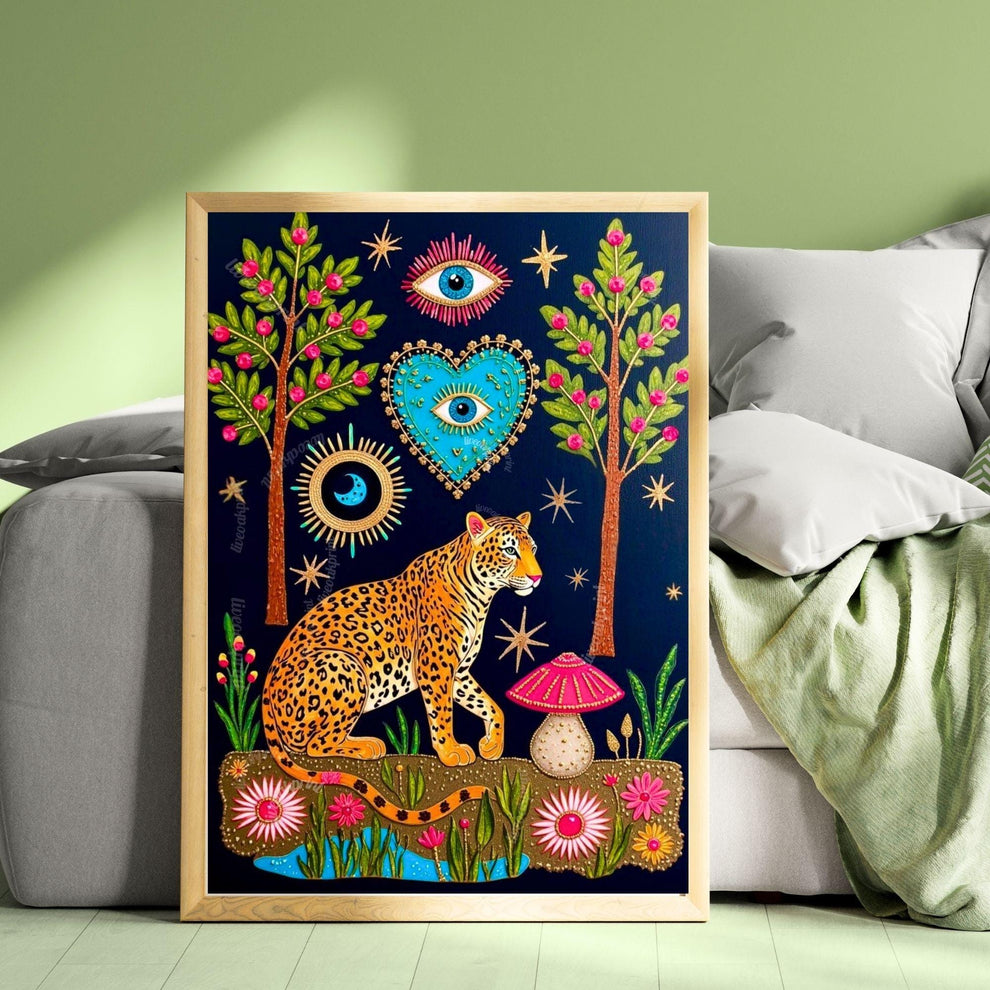 Enchanted Leopard Wall Art - Maximalist Surreal Decor For Living Room or Bedroom Boho