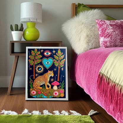 Enchanted Leopard Wall Art - Maximalist Surreal Decor For Living Room or Bedroom Boho