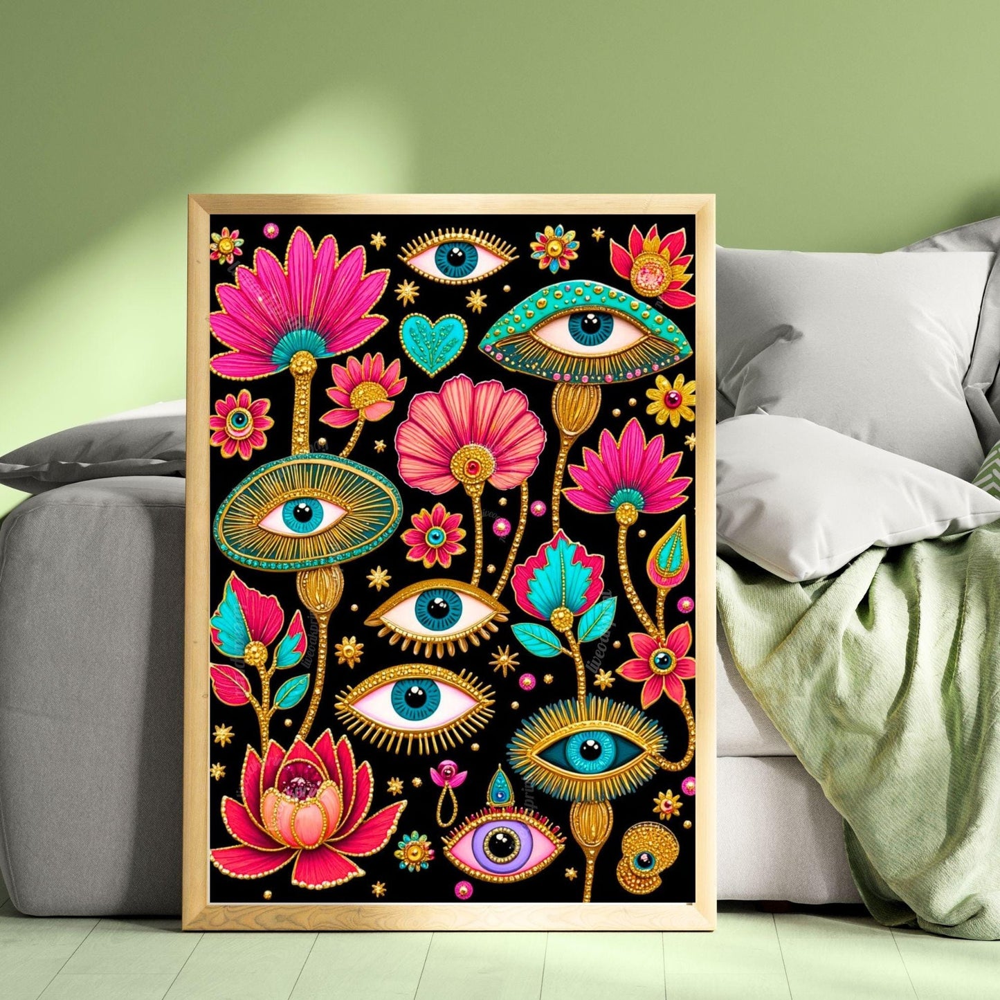 Magical Forest Wall Art - Surreal Eye Maximalist Decor For Bedroom or Boho Living Room