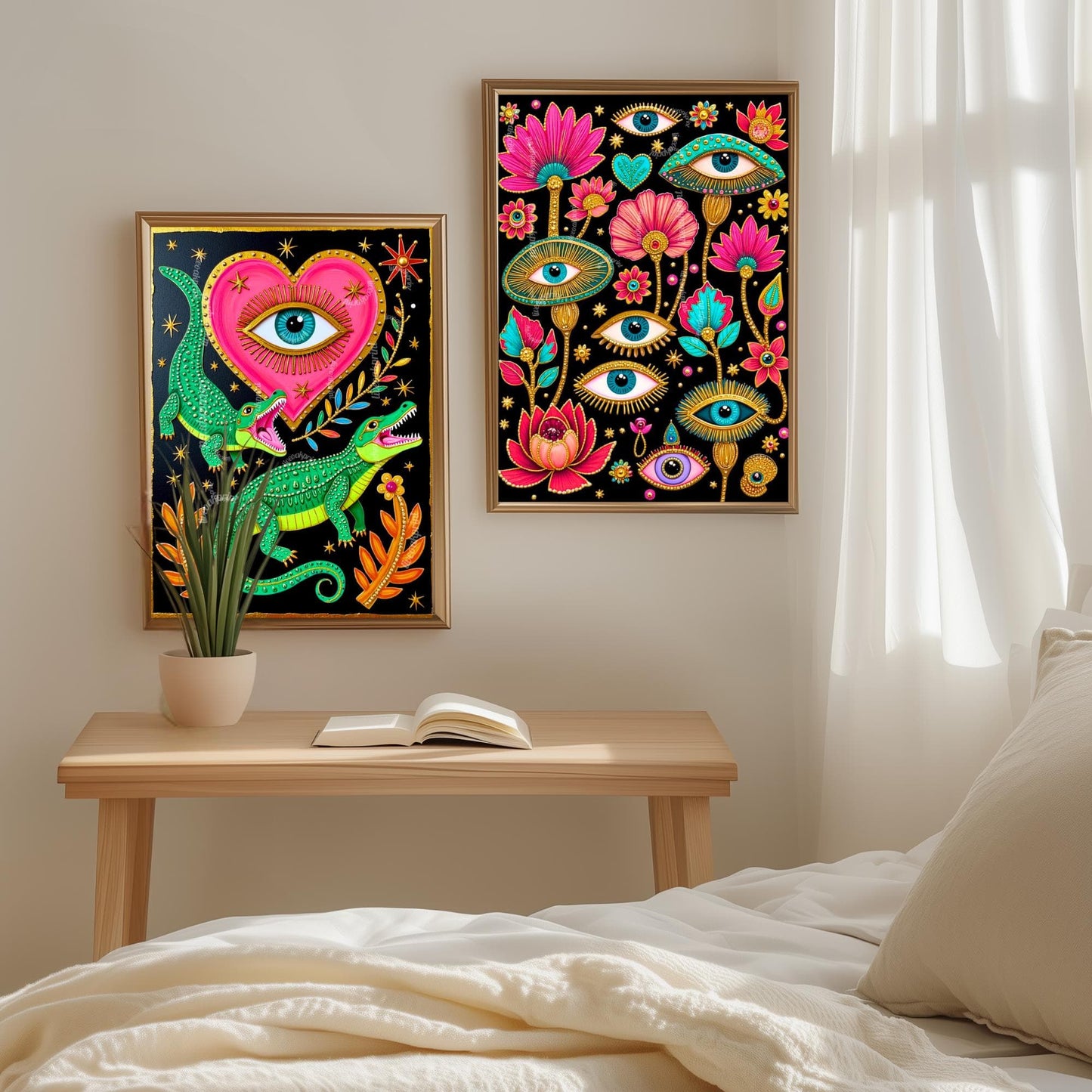 Surreal Alligator Wall Art - Heart Eye Wall Print Crocodile Decor Funky Maximalist