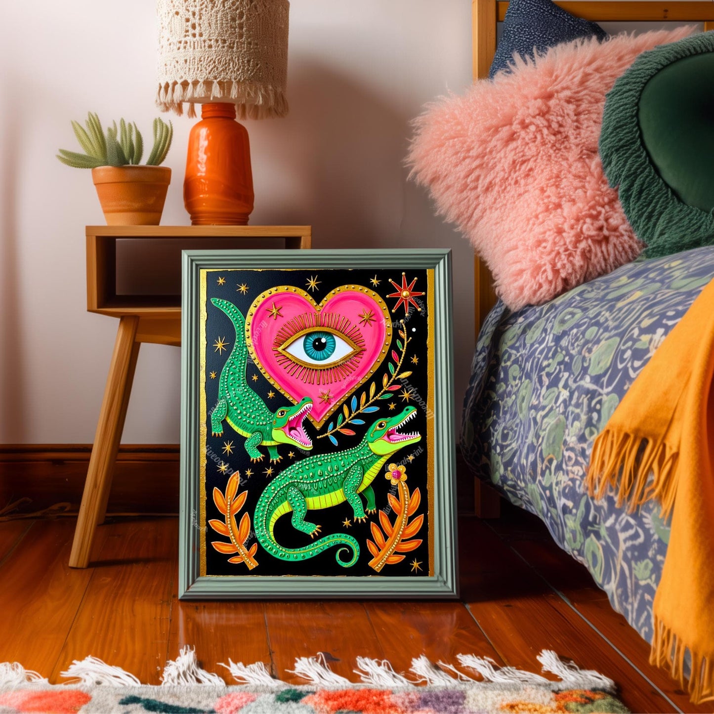 Surreal Alligator Wall Art - Heart Eye Wall Print Crocodile Decor Funky Maximalist