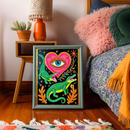 Surreal Alligator Wall Art - Heart Eye Wall Print Crocodile Decor Funky Maximalist
