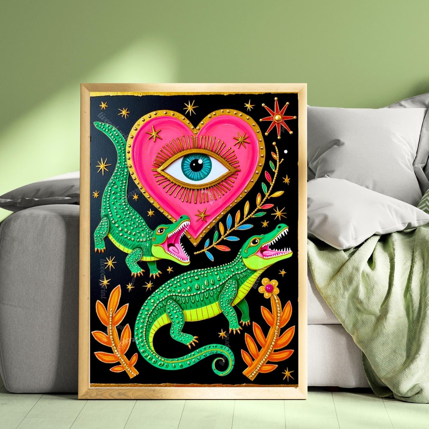 Surreal Alligator Wall Art - Heart Eye Wall Print Crocodile Decor Funky Maximalist