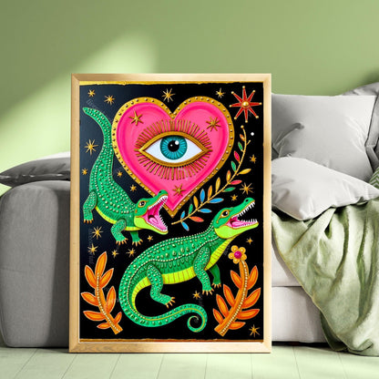 Surreal Alligator Wall Art - Heart Eye Wall Print Crocodile Decor Funky Maximalist