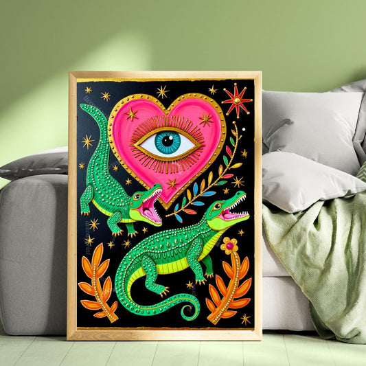 Surreal Alligator Wall Art - Heart Eye Wall Print Crocodile Decor Funky Maximalist