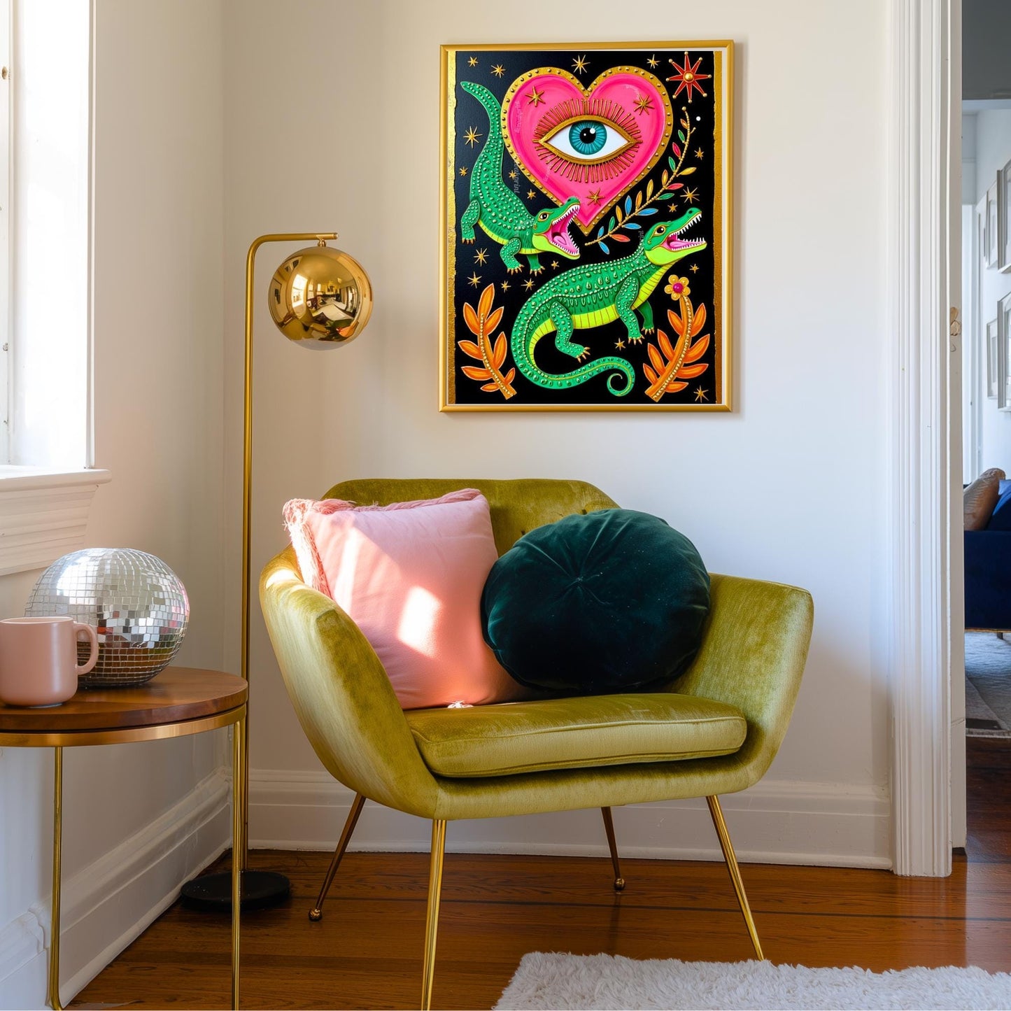 Surreal Alligator Wall Art - Heart Eye Wall Print Crocodile Decor Funky Maximalist