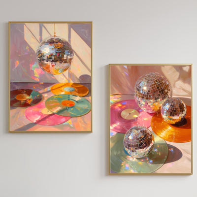 Disco Ball and Records Wall Art Set of 2 Prints – Funky Maximalist Wall Art Retro Wall Decor Gift For Record Lover Disco Ball Music Art