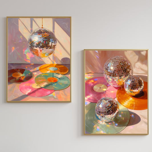 Disco Ball and Records Wall Art Set of 2 Prints – Funky Maximalist Wall Art Retro Wall Decor Gift For Record Lover Disco Ball Music Art