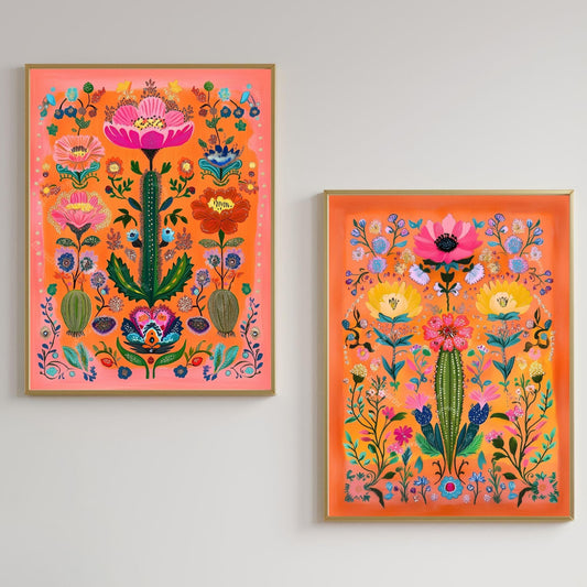 Set of Two Vibrant Mexican Cactus Wall Art – Folk-Style Desert Print Colorful Pink & Orange Maximalist Décor for Southwestern or Boho Homes