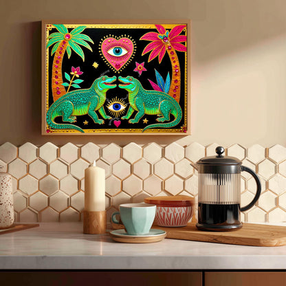Surreal Eye Crocodile Wall Art - Sacred Heart Wall Print Alligator Decor Funky Maximalist