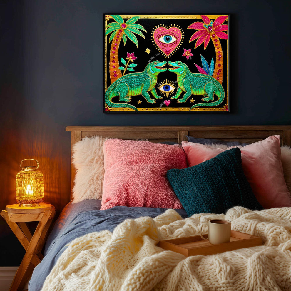 Surreal Eye Crocodile Wall Art - Sacred Heart Wall Print Alligator Decor Funky Maximalist