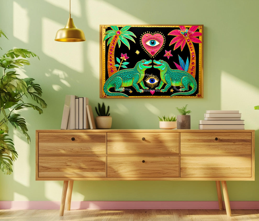 Surreal Eye Crocodile Wall Art - Sacred Heart Wall Print Alligator Decor Funky Maximalist