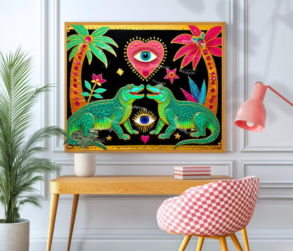 Surreal Eye Crocodile Wall Art - Sacred Heart Wall Print Alligator Decor Funky Maximalist