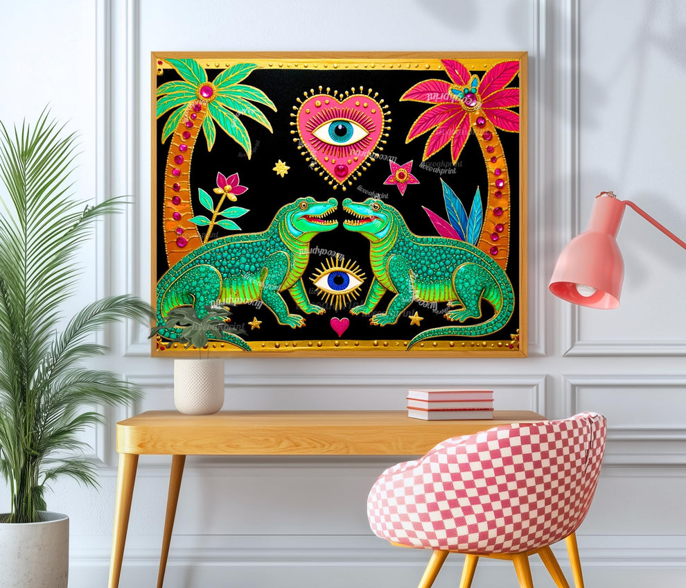Surreal Eye Crocodile Wall Art - Sacred Heart Wall Print Alligator Decor Funky Maximalist