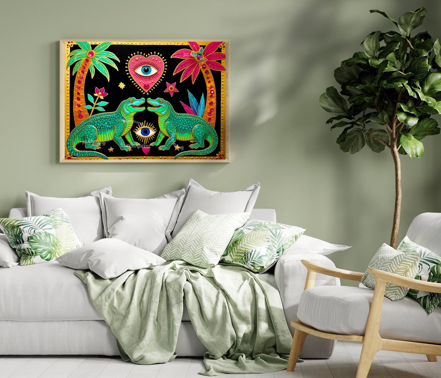 Surreal Eye Crocodile Wall Art - Sacred Heart Wall Print Alligator Decor Funky Maximalist
