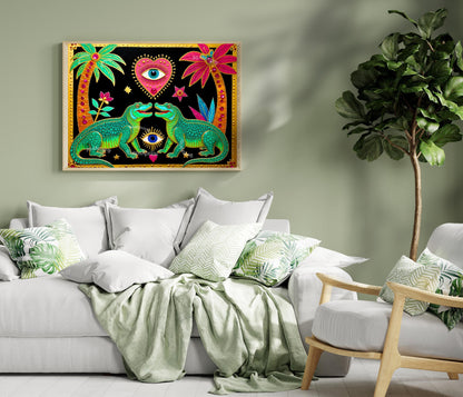 Surreal Eye Crocodile Wall Art - Sacred Heart Wall Print Alligator Decor Funky Maximalist