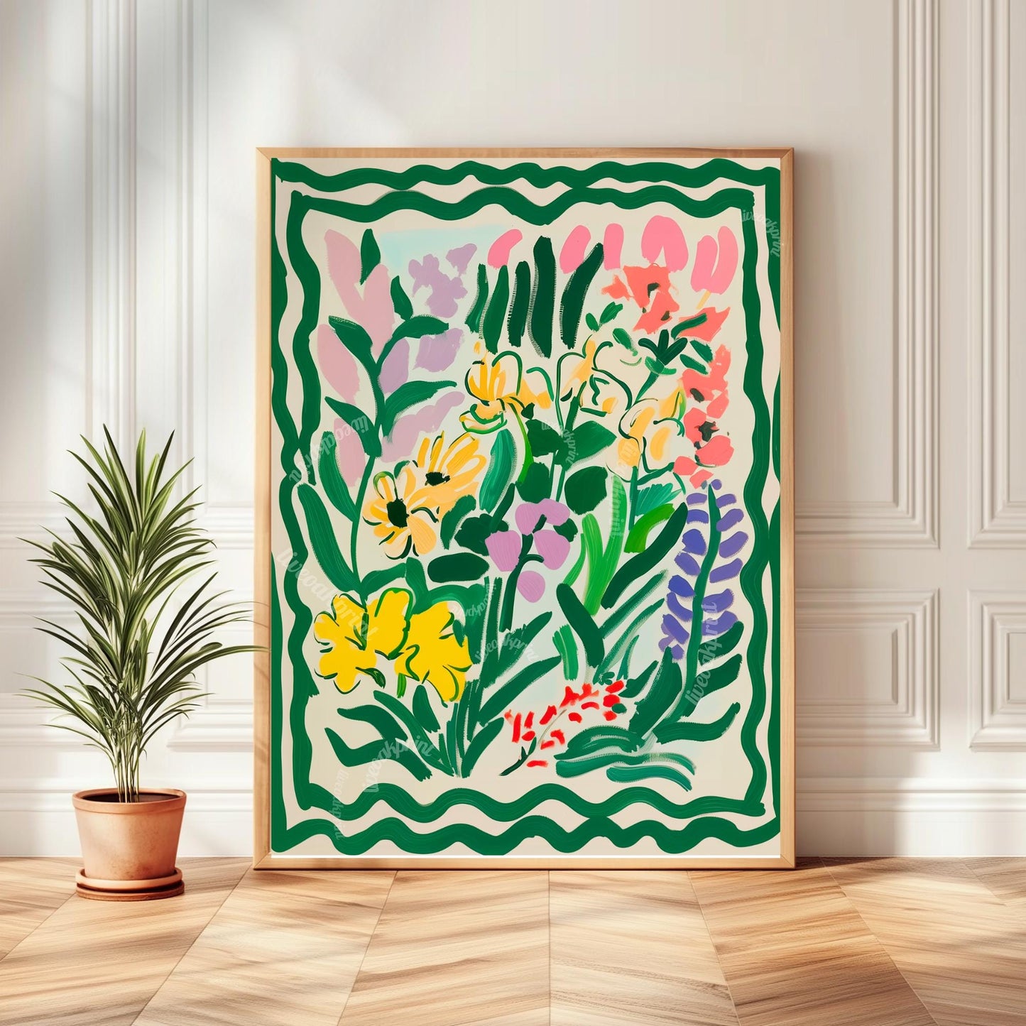 Green Funky Flowers Art Print: Pastel Maximalist Wall Decor For Bedroom Living Room