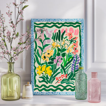 Green Funky Flowers Art Print: Pastel Maximalist Wall Decor For Bedroom Living Room