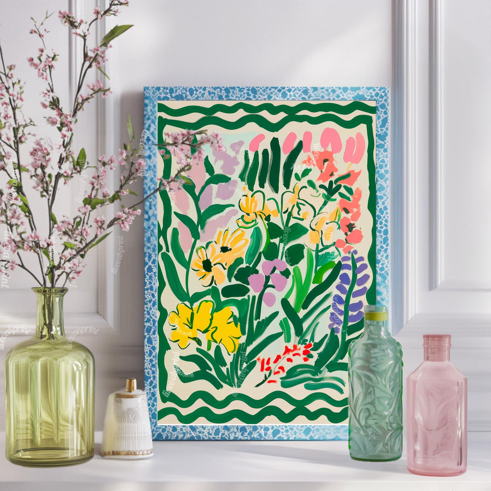 Green Funky Flowers Art Print: Pastel Maximalist Wall Decor For Bedroom Living Room
