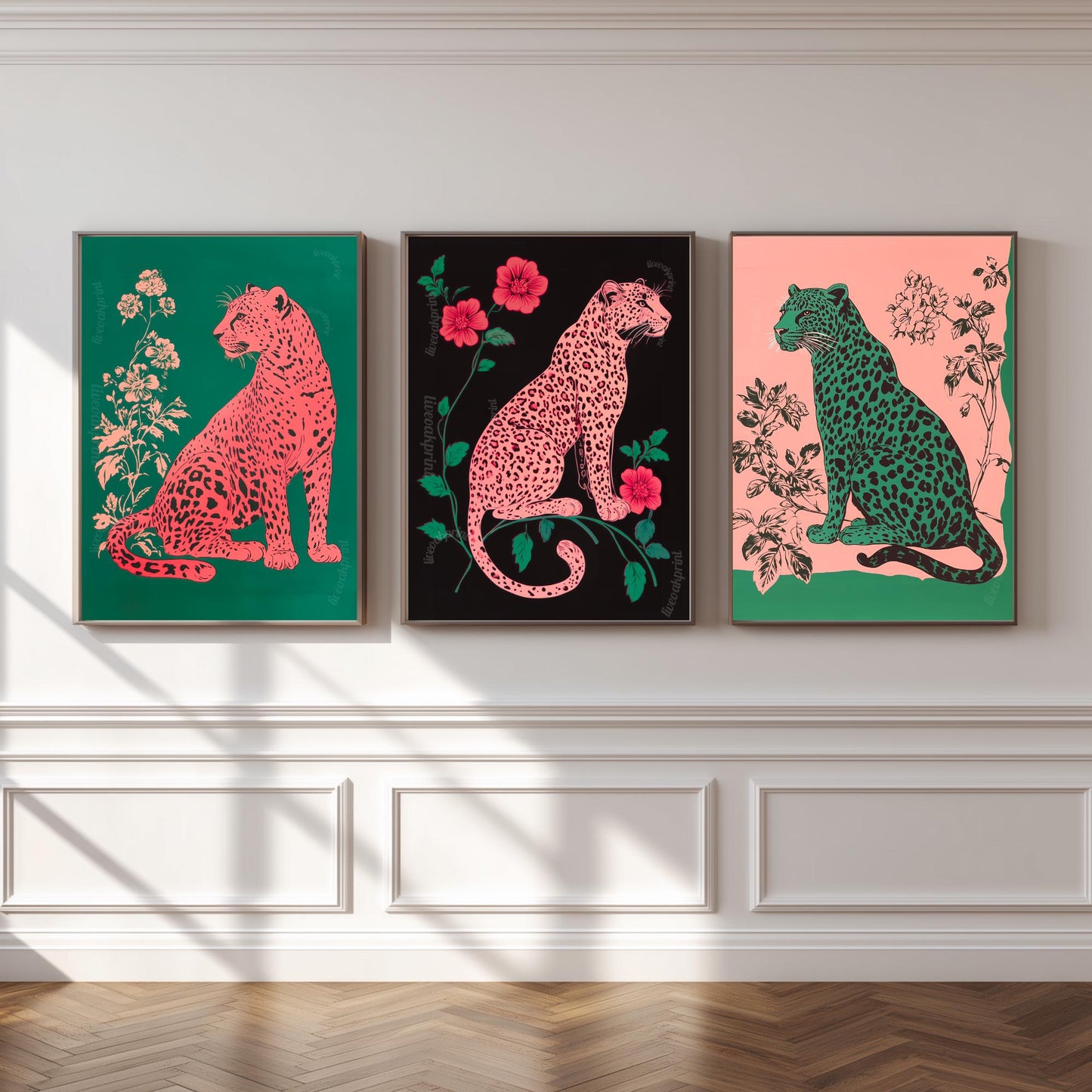 Bold Leopard Set Of Three Art Prints: Pink and Green Maximalist Art Trio Set of Prints