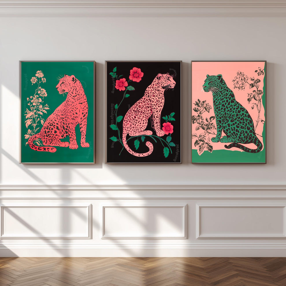 Bold Leopard Set Of Three Art Prints: Pink and Green Maximalist Art Trio Set of Prints