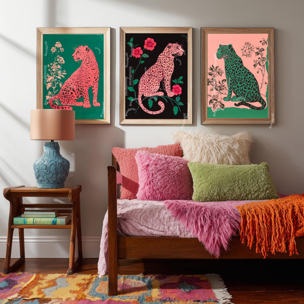 Bold Leopard Set Of Three Art Prints: Pink and Green Maximalist Art Trio Set of Prints