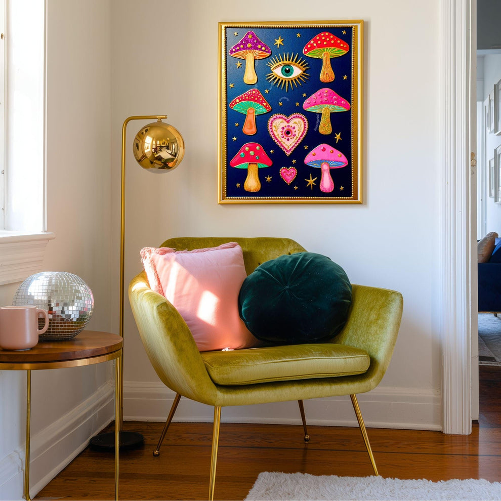 Mystical Mushrooms Wall Art - Surreal Maximalist Decor For Bedroom or Boho Living Room