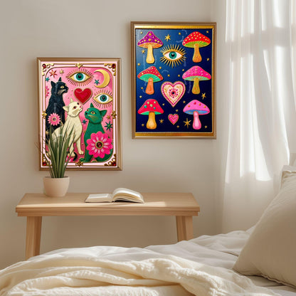 Mystical Mushrooms Wall Art - Surreal Maximalist Decor For Bedroom or Boho Living Room