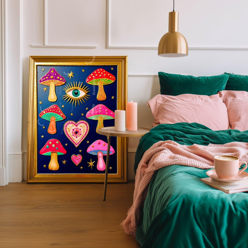 Mystical Mushrooms Wall Art - Surreal Maximalist Decor For Bedroom or Boho Living Room