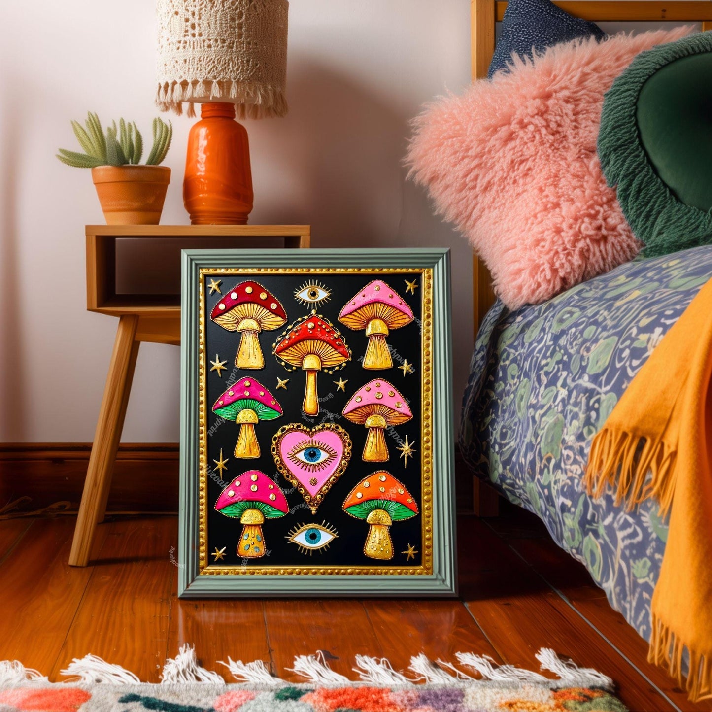 Surreal Mushrooms Wall Art - Psychedelic Maximalist Decor For Bedroom or Boho Living Room