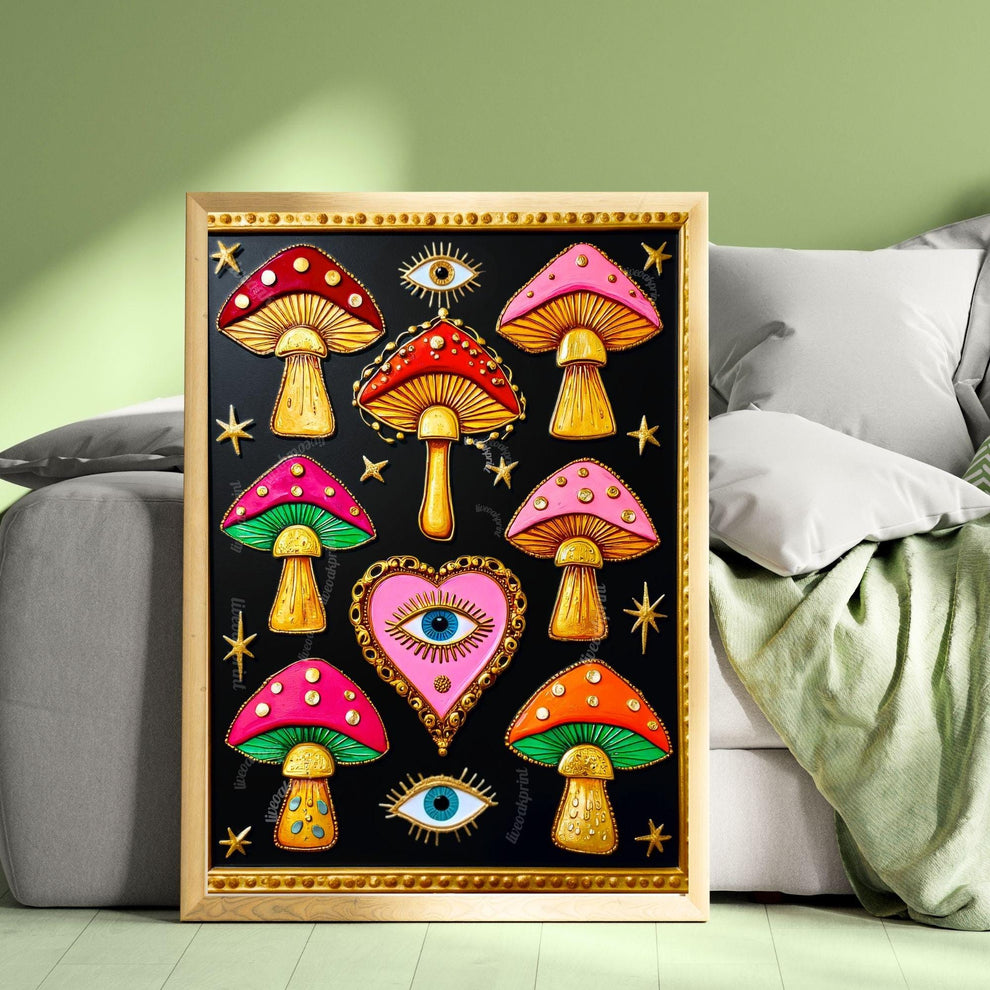 Surreal Mushrooms Wall Art - Psychedelic Maximalist Decor For Bedroom or Boho Living Room